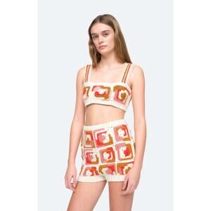 Sea NY Hayden Orange Wool Quilted Crochet Crop Short Set Size Small